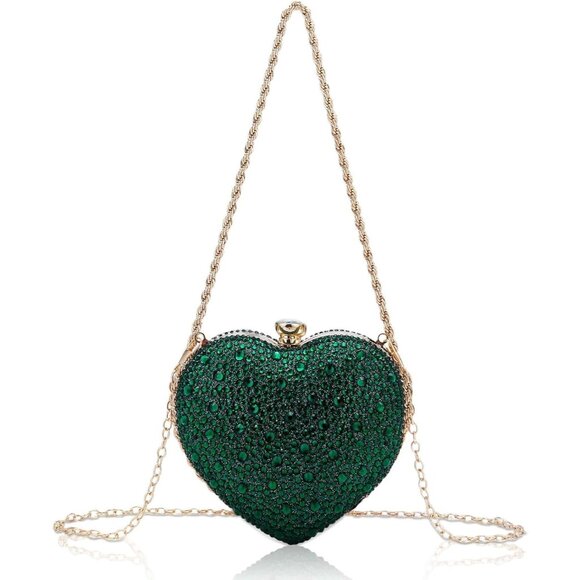 ⚡  Women's Cute Heart Shape Rhinestone Evening Wedding Green Clutch Handbag - Picture 1 of 6